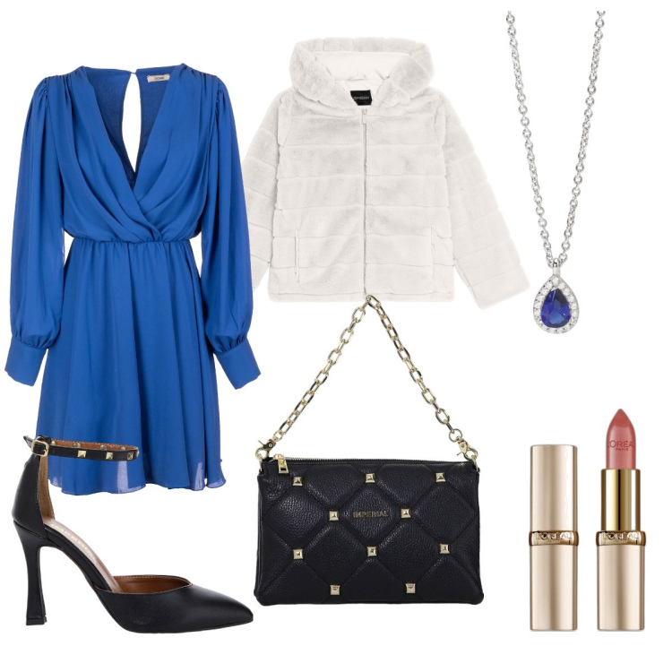 Outfit donna - Cena con le amiche. Stile Chic per Serata fuori. Abbinamento con rossetti, collane, vestiti, borse a spalla, décolleté, blazer.