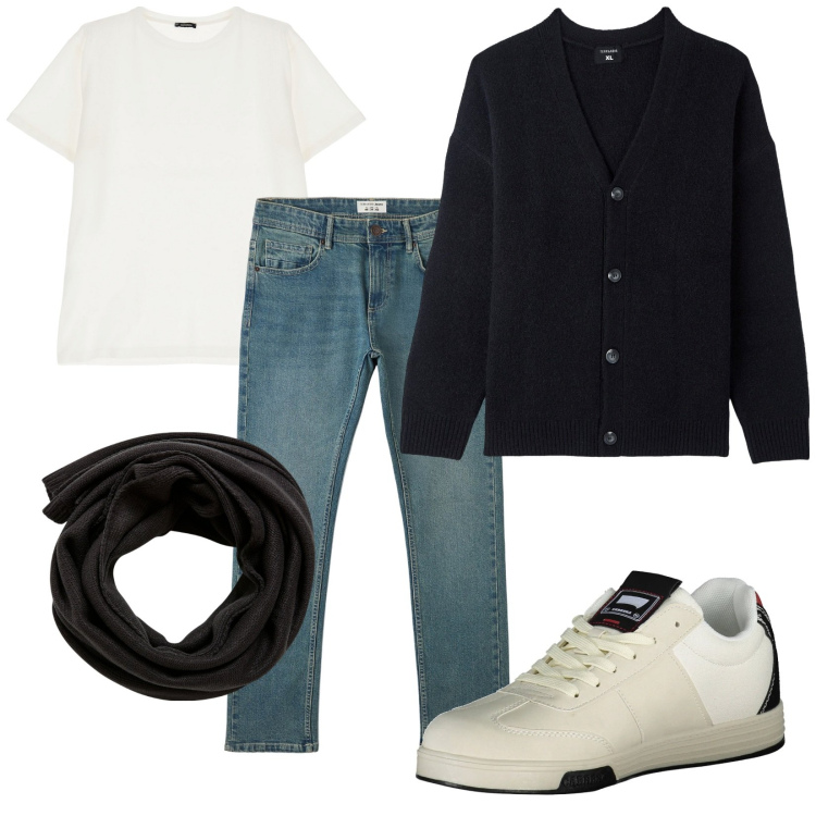 Outfit uomo - Total look #2010538. Stile Casual per Tutti i giorni. Abbinamento con sciarpe, jeans, cardigans, t-shirt, sneakers.