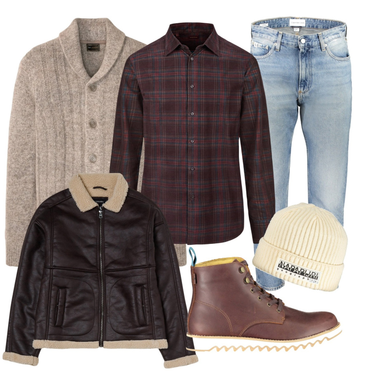Outfit uomo - Woodstock. Stile Casual per Tutti i giorni. Abbinamento con cardigans, giacche, camicie, stivali, jeans, berretti.