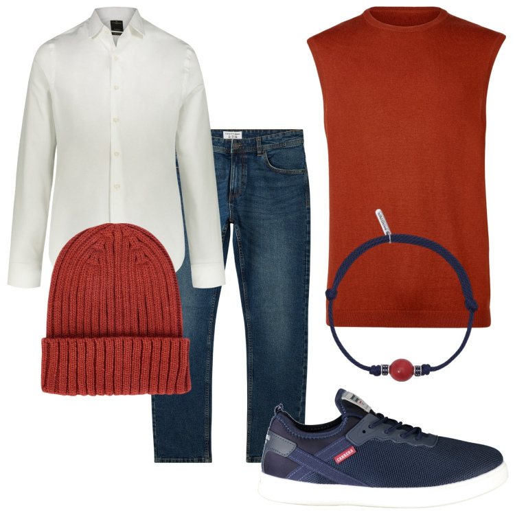 Outfit uomo - Total look #2010541. Stile Trendy per Tutti i giorni. Abbinamento con jeans, braccialetti, camicie, berretti, gilet, sneakers.