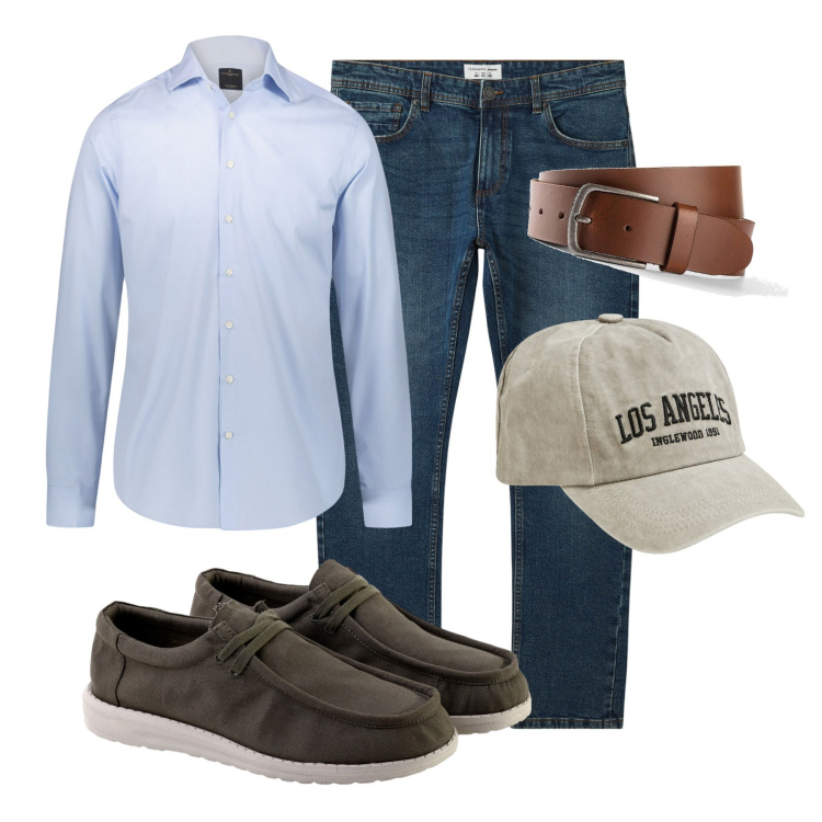 Outfit uomo - First time. Stile Casual per Ufficio. Abbinamento con cinture, jeans, cappelli, camicie, scarpe stringate.