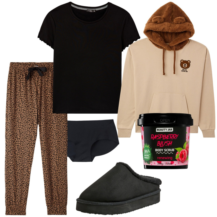 Outfit donna - Scrub e a letto. Stile Casual per Tutti i giorni. Abbinamento con blush, culotte, sabot, pigiama, felpe con cappuccio, pigiama.