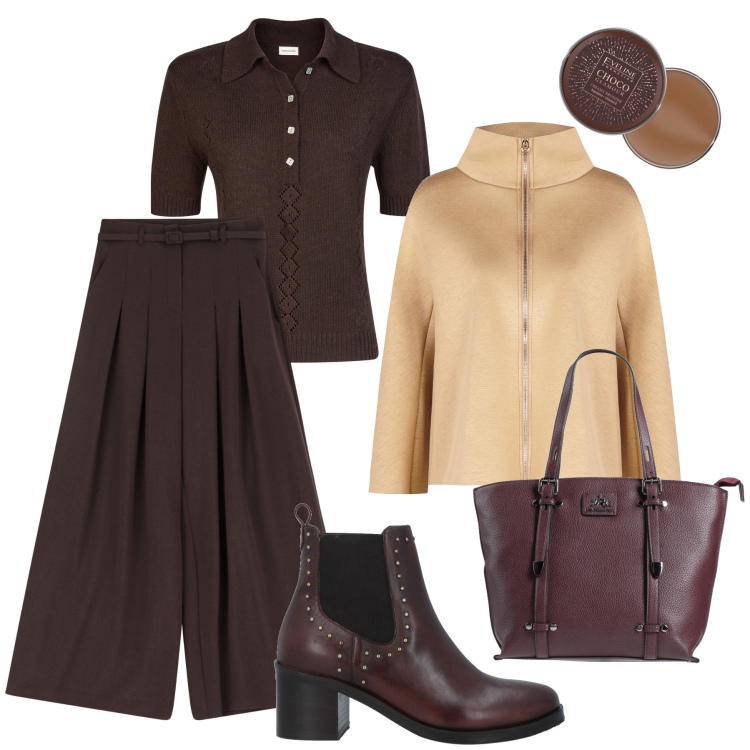 Outfit donna - Testa di moro e cappa cammello. Stile Glamour per Ufficio. Abbinamento con borse a mano, stivaletti chelsea, terre, cappe, pantaloni a palazzo, polo.