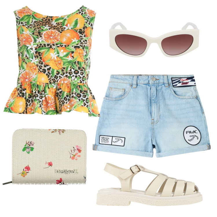 Outfit donna - Estate. Stile Vintage retrò per Tutti i giorni. Abbinamento con sandali in pelle, shorts, top, occhiali da sole, portafogli.