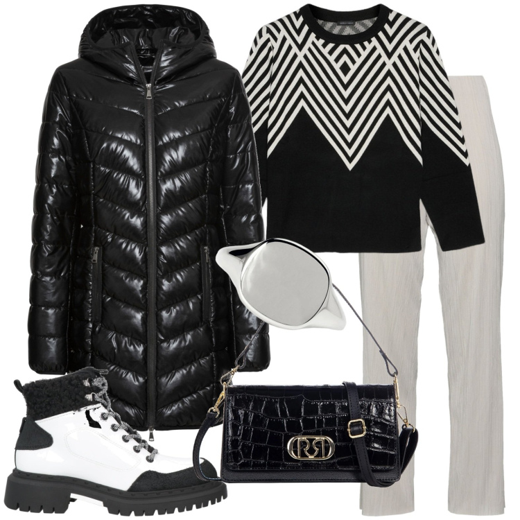 Outfit donna - Total look #2010557. Stile Casual per Tutti i giorni. Abbinamento con pantaloni, anfibi, giacche, anelli, maglieria, borse a tracolla.