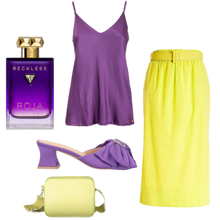 Outfit donna - Fiori e agrumi. Stile Trendy per Serata fuori. Abbinamento con sandali in pelle, profumi, top, gonne longuette, borse a tracolla.