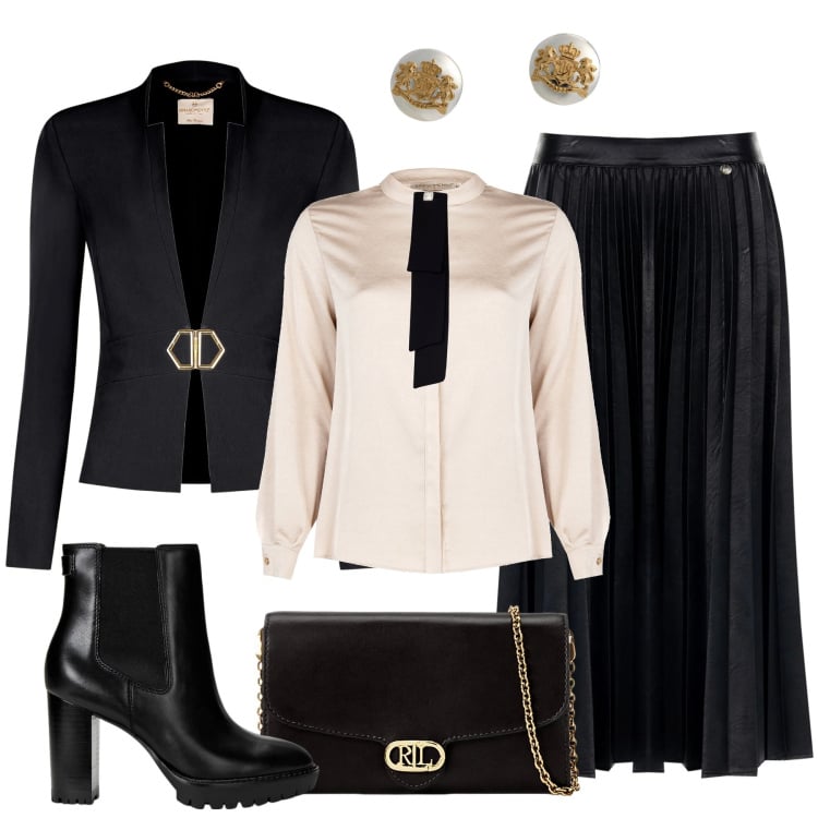 Outfit donna - Rigorosa eleganza. Stile Chic per Tutti i giorni. Abbinamento con blazer, gonne longuette, camicie, borse a tracolla, orecchini, stivaletti chelsea.