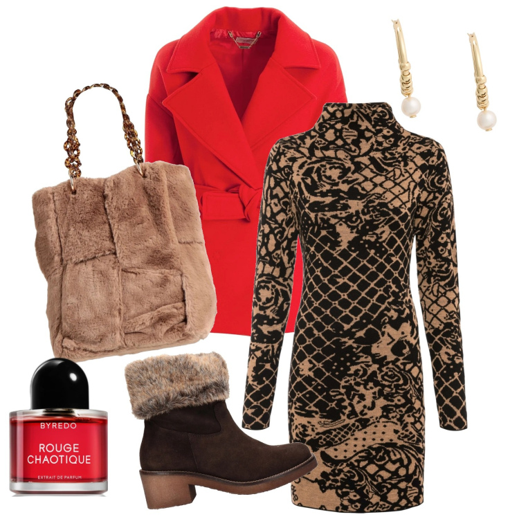 Outfit donna - Idea Natale 2. Stile Bon Ton per Serata fuori. Abbinamento con vestiti, borse a mano, stivaletti, profumi, cappotti, orecchini.