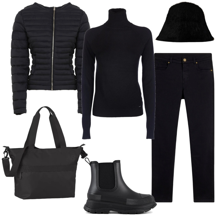 Outfit donna - Total black. Stile Casual per Tutti i giorni. Abbinamento con borse tote, piumini, maglieria, pantaloni skinny, stivali, cappelli.
