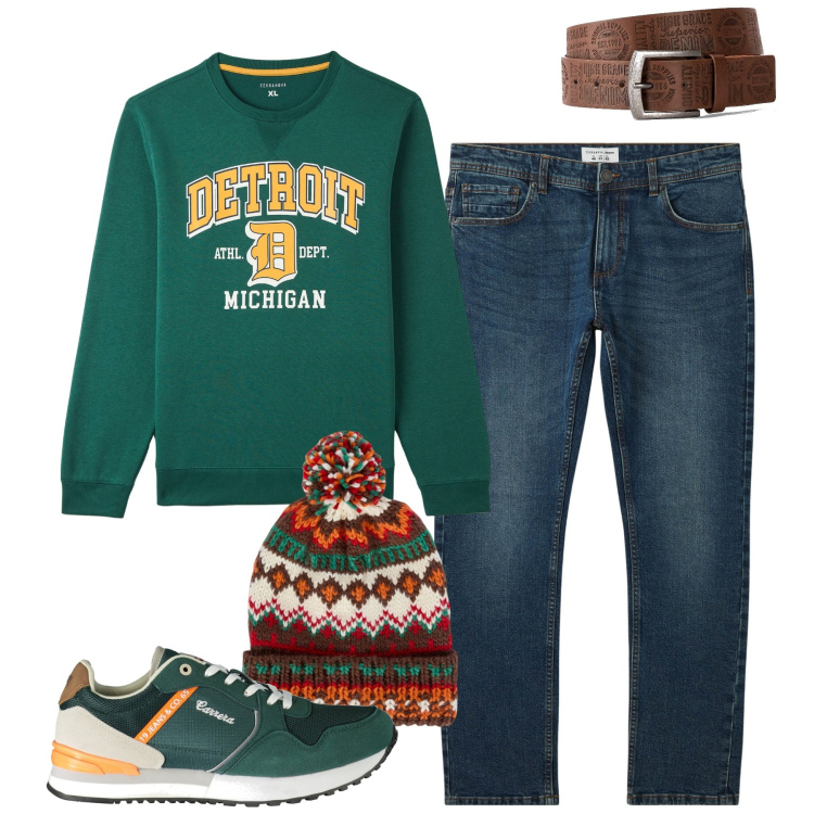 Outfit uomo - Weekend. Stile Casual per Tutti i giorni. Abbinamento con cinture, jeans, felpe, berretti, sneakers.