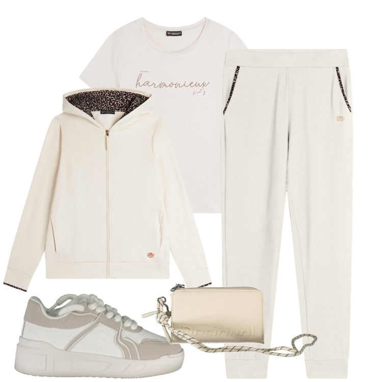 Outfit donna - Weekend. Stile Casual per Tutti i giorni. Abbinamento con felpe con cappuccio, pantaloni, t-shirt, sneakers, portafogli.