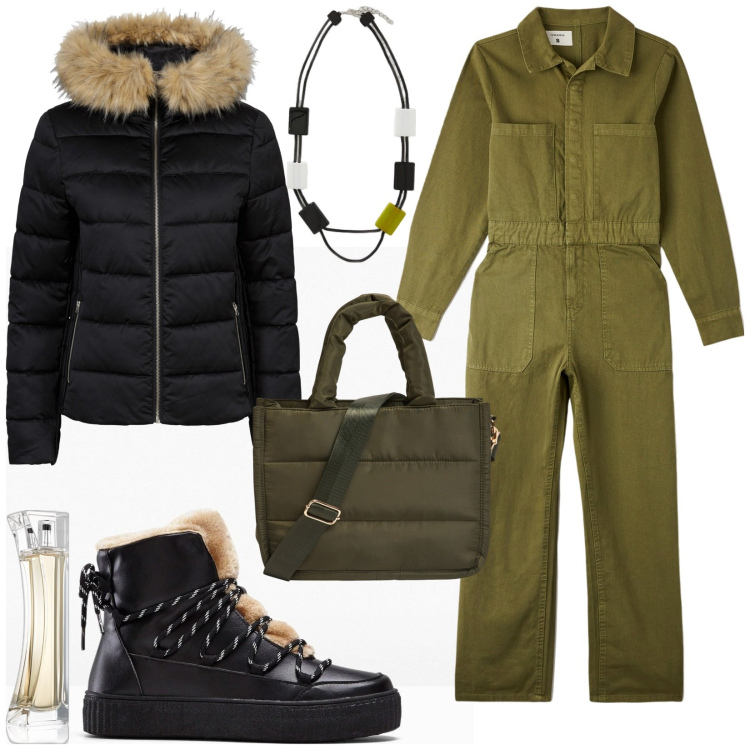 Outfit donna - Total look #2010582. Stile Casual per Tutti i giorni. Abbinamento con giacche, sneakers alte, profumi, tute, shopping bag, collane.