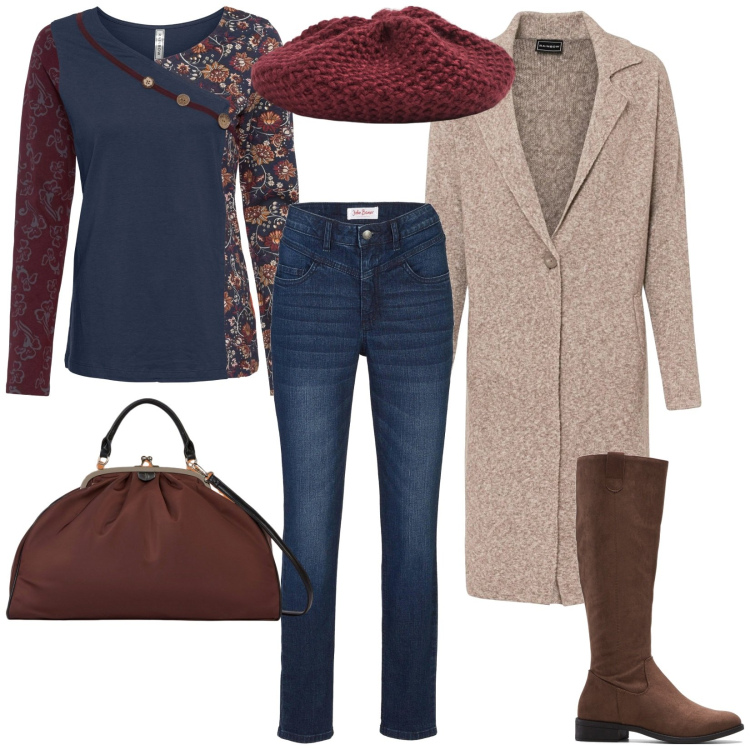 Outfit donna - Total look #2010586. Stile Casual per Ufficio. Abbinamento con jeans skinny, maglieria, cappotti, stivali, cappelli e berretti, borse a spalla.