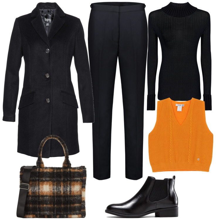 Outfit donna - Al lavoro. Stile Mannish per Ufficio. Abbinamento con stivaletti chelsea, cappotti, shopping bag, gilet, maglieria, pantaloni.