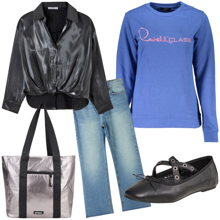 Outfit donna - Easy and sporty Total look. Stile Casual chic per Tutti i giorni. Abbinamento con ballerine, jeans, camicie, shopping bag, felpe.