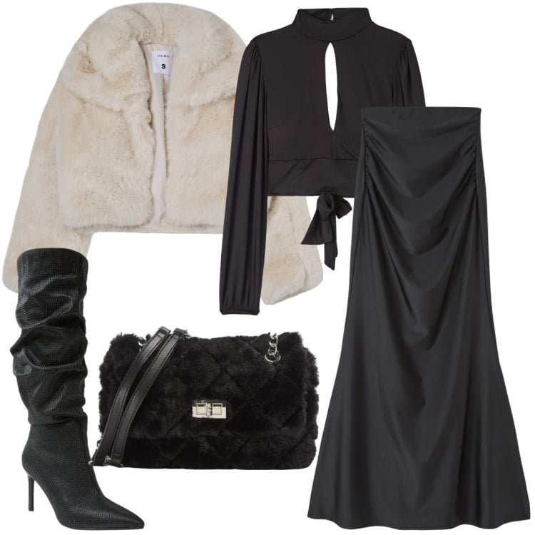 Outfit donna - Giubbotto corto simil pelliccia. Stile Chic per Serata fuori. Abbinamento con gonne lunghe, blazer, t-shirt, borse a spalla, stivali.