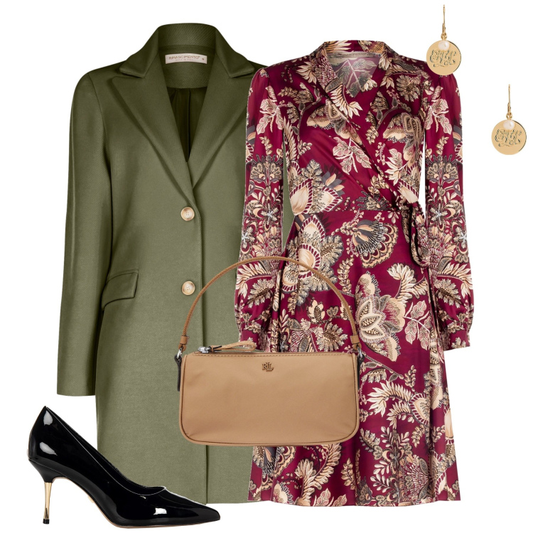 Outfit donna - Total look #2010598. Stile Chic per Cerimonia. Abbinamento con vestiti, cappotti, décolleté, pochette, orecchini.
