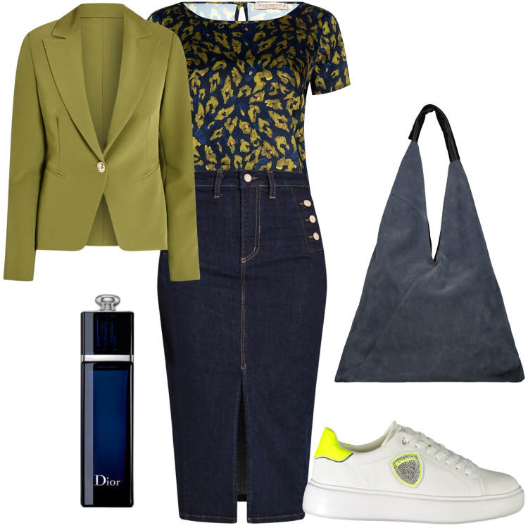 Outfit donna - Gonna midi in jeans. Stile Casual per Tutti i giorni. Abbinamento con profumi, bluse, gonne longuette, blazer, sneakers, borse a spalla.