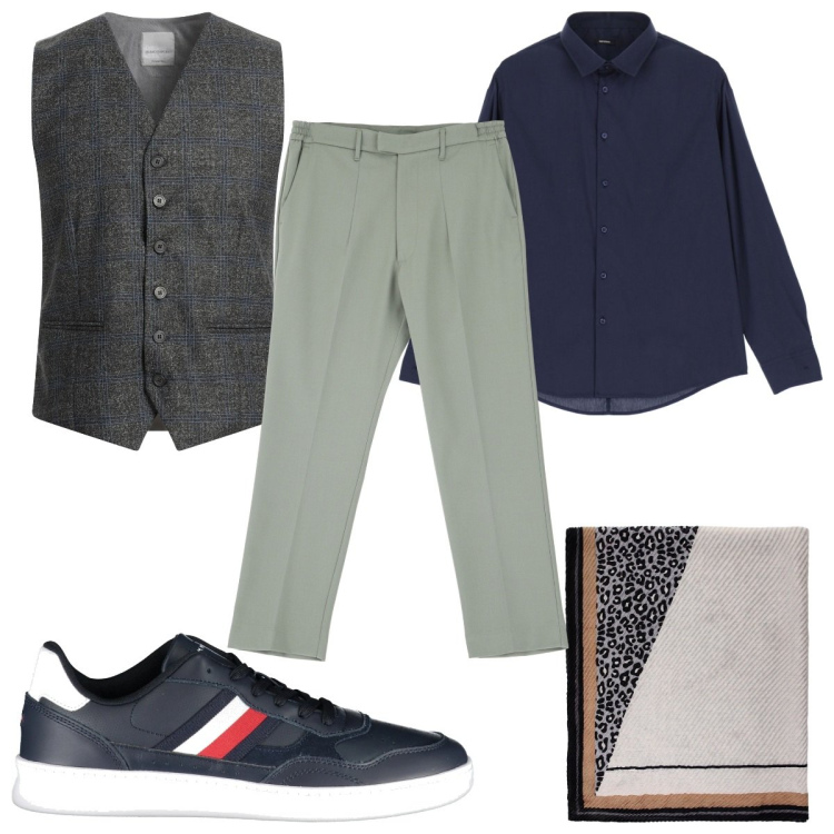 Outfit uomo - Total look #2010605. Stile Trendy per Tutti i giorni. Abbinamento con gilet, camicie, pantaloni, sciarpe e foulard, sneakers.