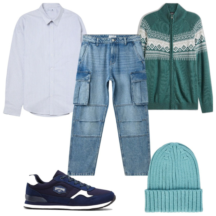Outfit uomo - Total look #2010610. Stile Trendy per Tutti i giorni. Abbinamento con sneakers, cardigans, jeans, camicie, berretti.