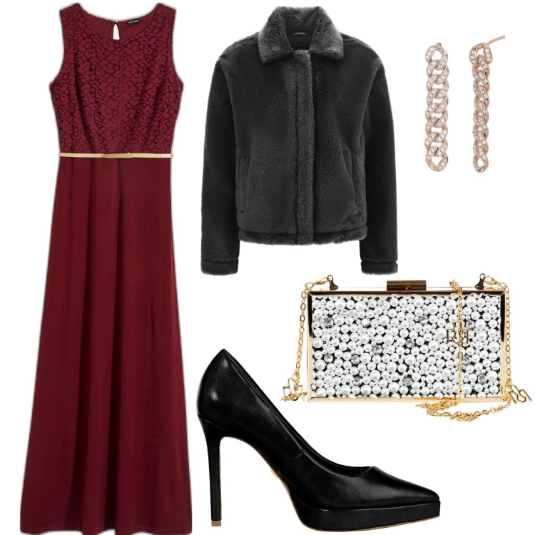 Outfit donna - Serata di festa. Stile Chic per Serata fuori. Abbinamento con vestiti lunghi, orecchini, décolleté, pochette, cappotti.