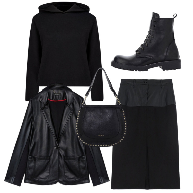 Outfit donna - Total black a novembre. Stile Rock per Tutti i giorni. Abbinamento con gonne longuette, borse a spalla, stivaletti, maglieria, blazer.