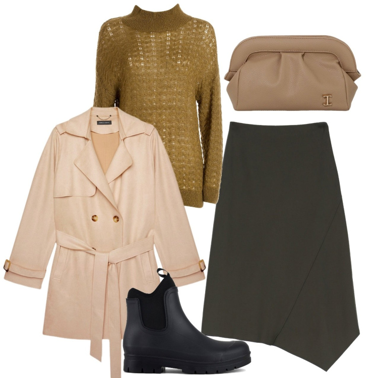 Outfit donna - Cena con le amiche. Stile Bon Ton per Tutti i giorni. Abbinamento con maglieria, gonne, borse a mano, stivali, trench.