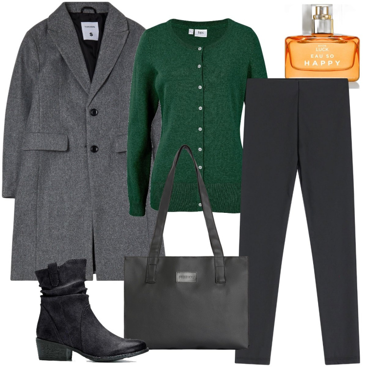 Outfit donna - Il cappotto a novembre. Stile Mannish per Ufficio. Abbinamento con stivaletti texani, cardigans, profumi, cappotti, pantaloni skinny, shopping bag.