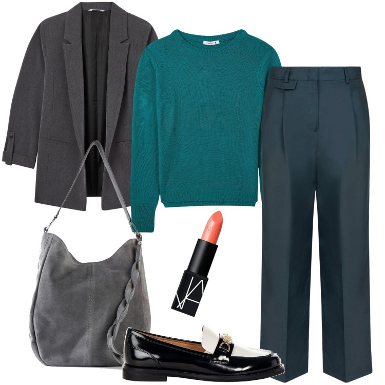 Outfit donna - Verde petrolio. Stile Mannish per Ufficio. Abbinamento con borse a mano, rossetti, maglieria, blazer, mocassini, pantaloni.
