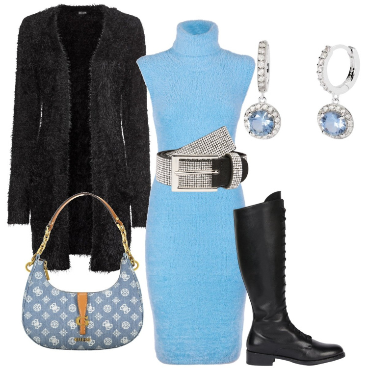 Outfit donna - Stile peluche. Stile Sexy per Serata fuori. Abbinamento con cardigans, orecchini, vestiti senza maniche, cinture, stivali, borse a spalla.