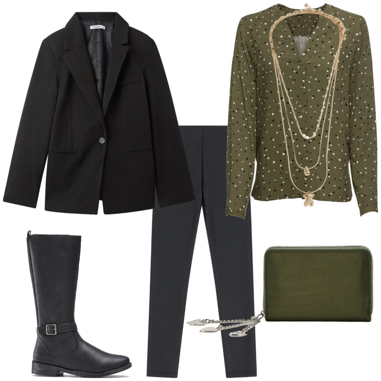 Outfit donna - Total look #2010630. Stile Bon Ton per Ufficio. Abbinamento con camicie, stivali, ciondoli, portafogli, blazer, pantaloni skinny.