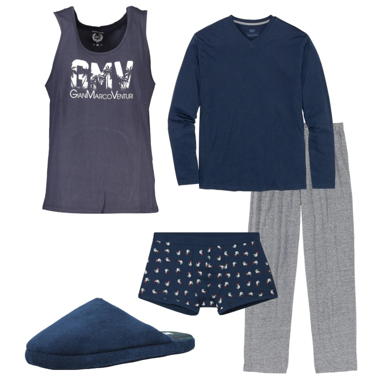 Outfit uomo - Un film e a letto. Stile Casual per Tutti i giorni. Abbinamento con abbigliamento da notte, boxer, pantofole, canottiere.