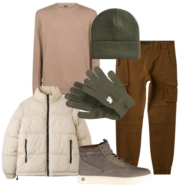 Outfit uomo - Accessori monocolor. Stile Urban per Tutti i giorni. Abbinamento con pantaloni cargo, piumini, berretti, maglieria, guanti, stivali.