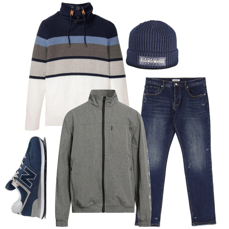 Outfit uomo - Weekend casual. Stile Casual per Tutti i giorni. Abbinamento con maglieria, giacche, sneakers, jeans slim fit, berretti.