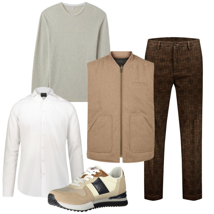 Outfit uomo - Marrone beige e bianco. Stile Casual per Tutti i giorni. Abbinamento con maglieria, camicie, pantaloni, sneakers, piumini.