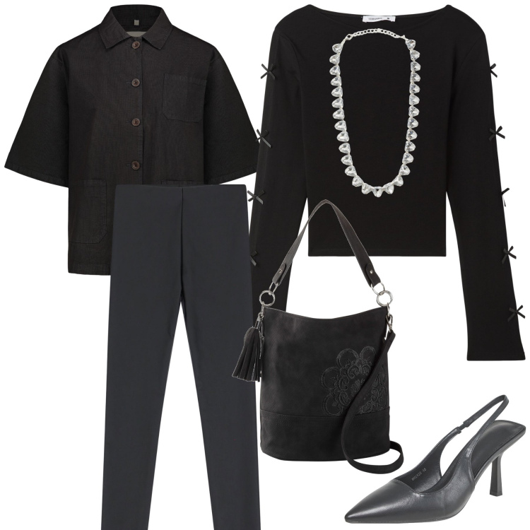 Outfit donna - Aperitivo black. Stile Chic per Serata fuori. Abbinamento con borse a mano, t-shirt, décolleté, collane, pantaloni skinny, blazer.