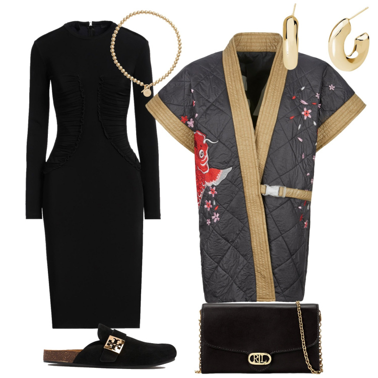 Outfit donna - Kimono e sabot. Stile Casual chic per Tutti i giorni. Abbinamento con vestiti midi/longuette, orecchini, kimono, collane, borse a tracolla, pantofole.