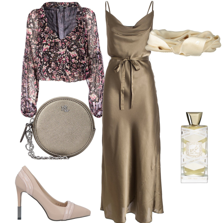 Outfit donna - Total look serale. Stile Glamour per Serata fuori. Abbinamento con profumi, décolleté, vestiti lunghi, bluse, pochette, sciarpe.