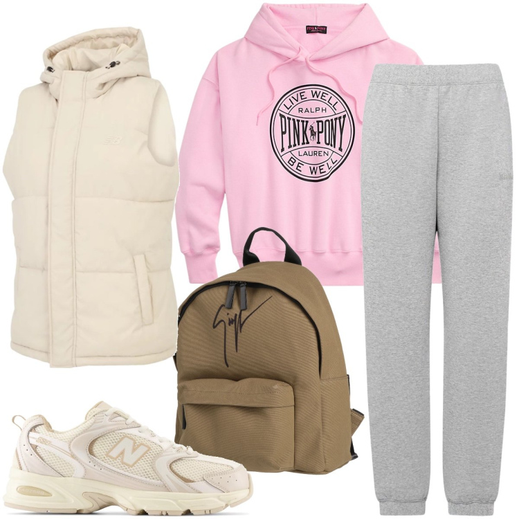 Outfit donna - Lo smanicato imbottito. Stile Sporty chic per Sport. Abbinamento con zaini, sneakers, gilet, felpe con cappuccio, pantaloni.