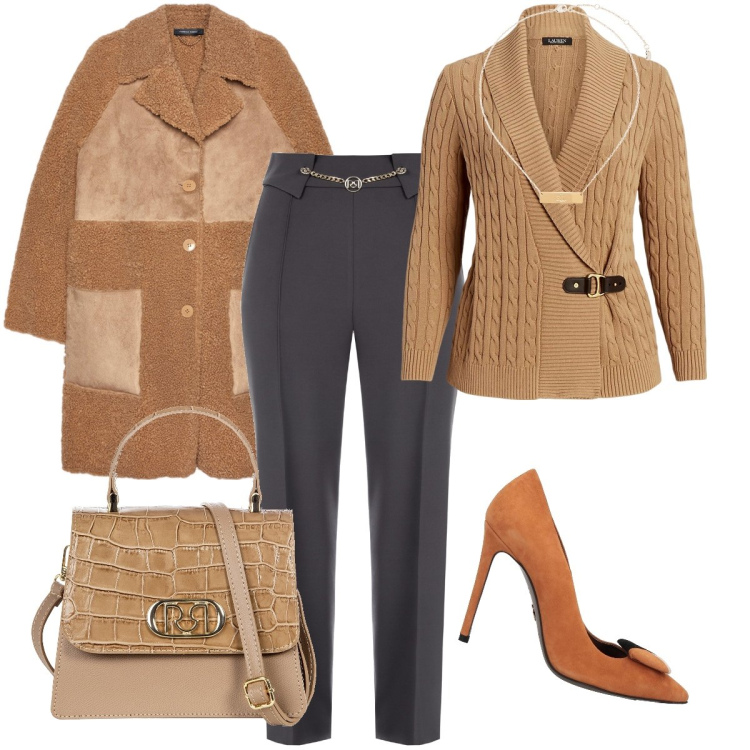 Outfit donna - Chic con il cappotto teddy. Stile Chic per Serata fuori. Abbinamento con décolleté, pantaloni, borse a mano, maglieria, ciondoli, cappotti.