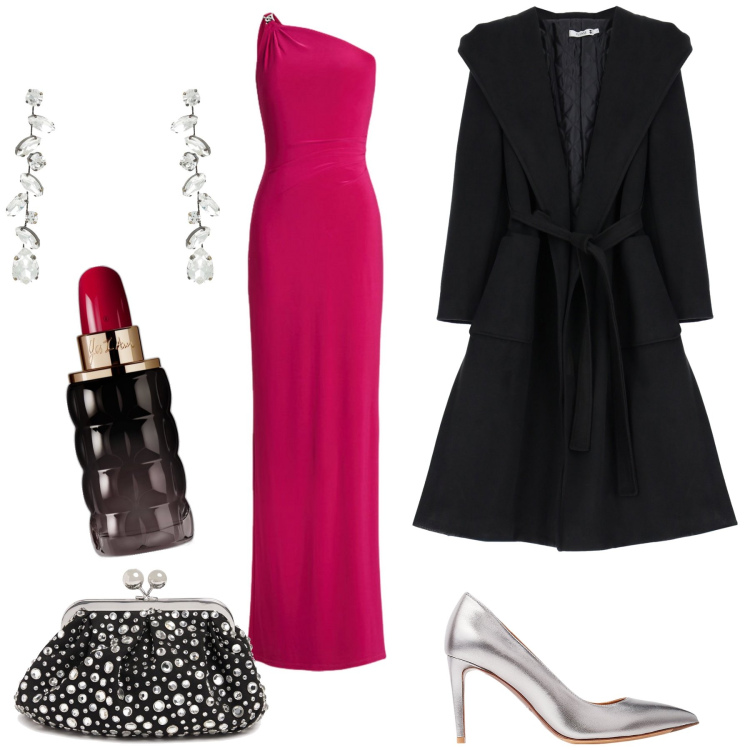 Outfit donna - Si avvicina la prima alla Scala. Stile Glamour per Serata fuori. Abbinamento con orecchini, profumi, cappotti, décolleté, vestiti asimmetrici, pochette.