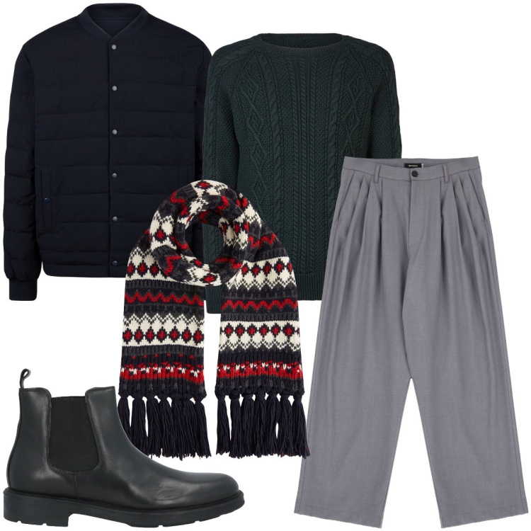 Outfit uomo - La sciarpa a contrasto. Stile Business/Elegante per Serata speciale. Abbinamento con stivali e stivaletti, pantaloni, maglieria, sciarpe, piumini.