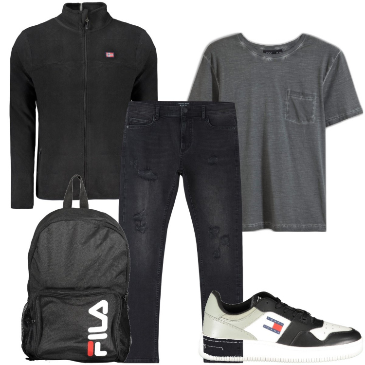 Outfit uomo - Casual al lavoro. Stile Casual per Ufficio. Abbinamento con t-shirt, jeans strappati, felpe, sneakers, borse sportive.