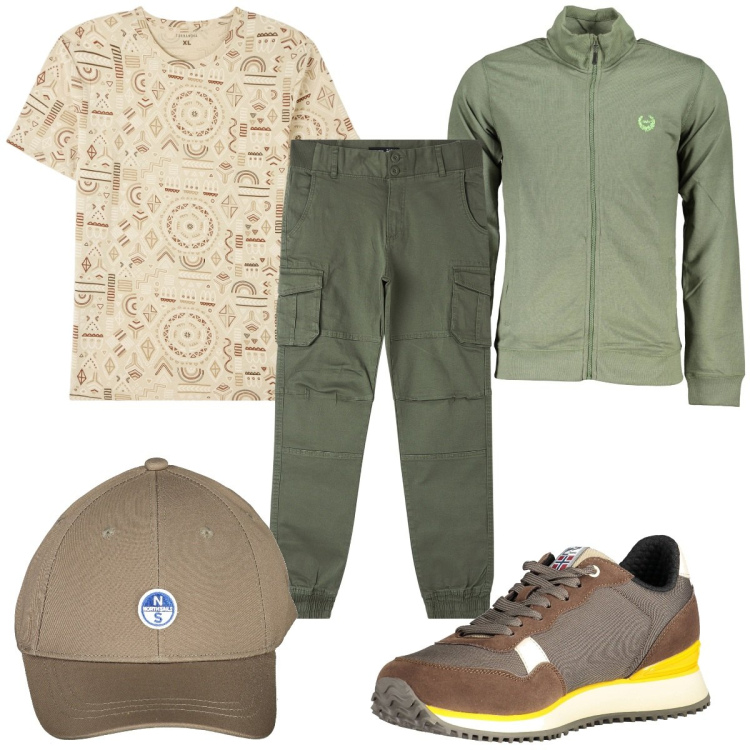 Outfit uomo - Total look #2010693. Stile Trendy per Tutti i giorni. Abbinamento con t-shirt, pantaloni cargo, sneakers, cappelli con visiera, felpe.