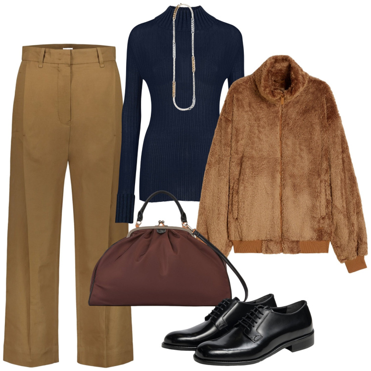 Outfit donna - Cena con le amiche. Stile Bon Ton per Serata fuori. Abbinamento con blazer, maglieria, pantaloni, collane, scarpe stringate, borse a spalla.