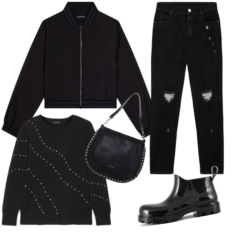 Outfit donna - Dark di giorno. Stile Casual per Tutti i giorni. Abbinamento con borse a spalla, jeans skinny, bomber, stivali, maglieria.