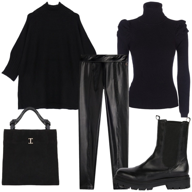 Outfit donna - Con i leggins in pelle. Stile Glamour per Serata fuori. Abbinamento con maglieria, cappe, shopping bag, treggings, stivaletti chelsea.