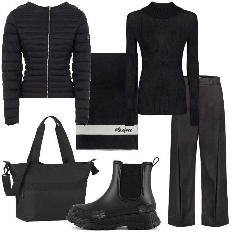 Outfit donna - Total black a novembre - @laurafo. Stile Basic per Tutti i giorni. Abbinamento con borse tote, piumini, pantaloni, stivali, maglieria, sciarpe.