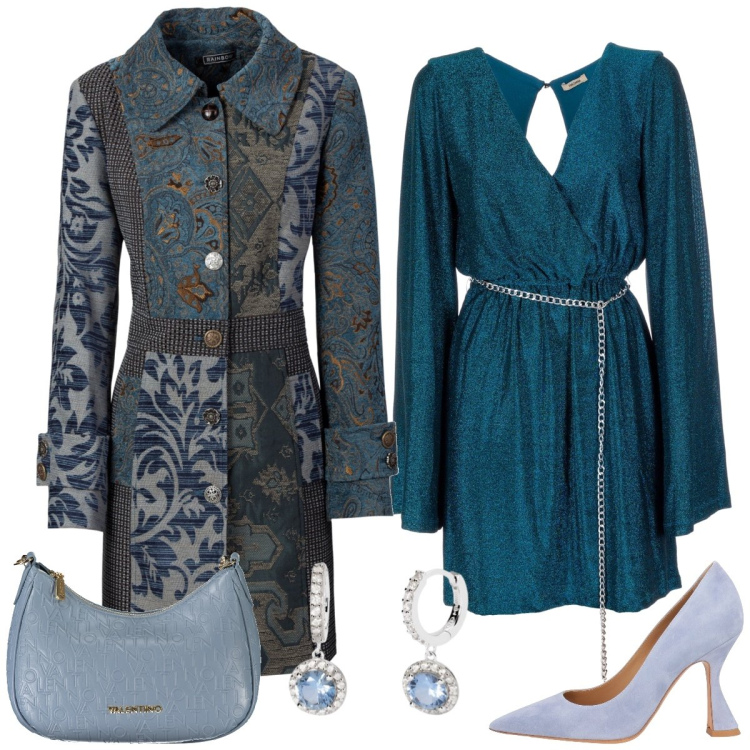 Outfit donna - Toni di blu. Stile Trendy per Serata fuori. Abbinamento con cappotti, décolleté, orecchini, vestiti, borse a spalla.