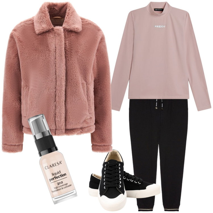 Outfit donna - Il mio cappotto corto. Stile Casual per Tutti i giorni. Abbinamento con fondotinta, maglieria, cappotti, sneakers, pantaloni.